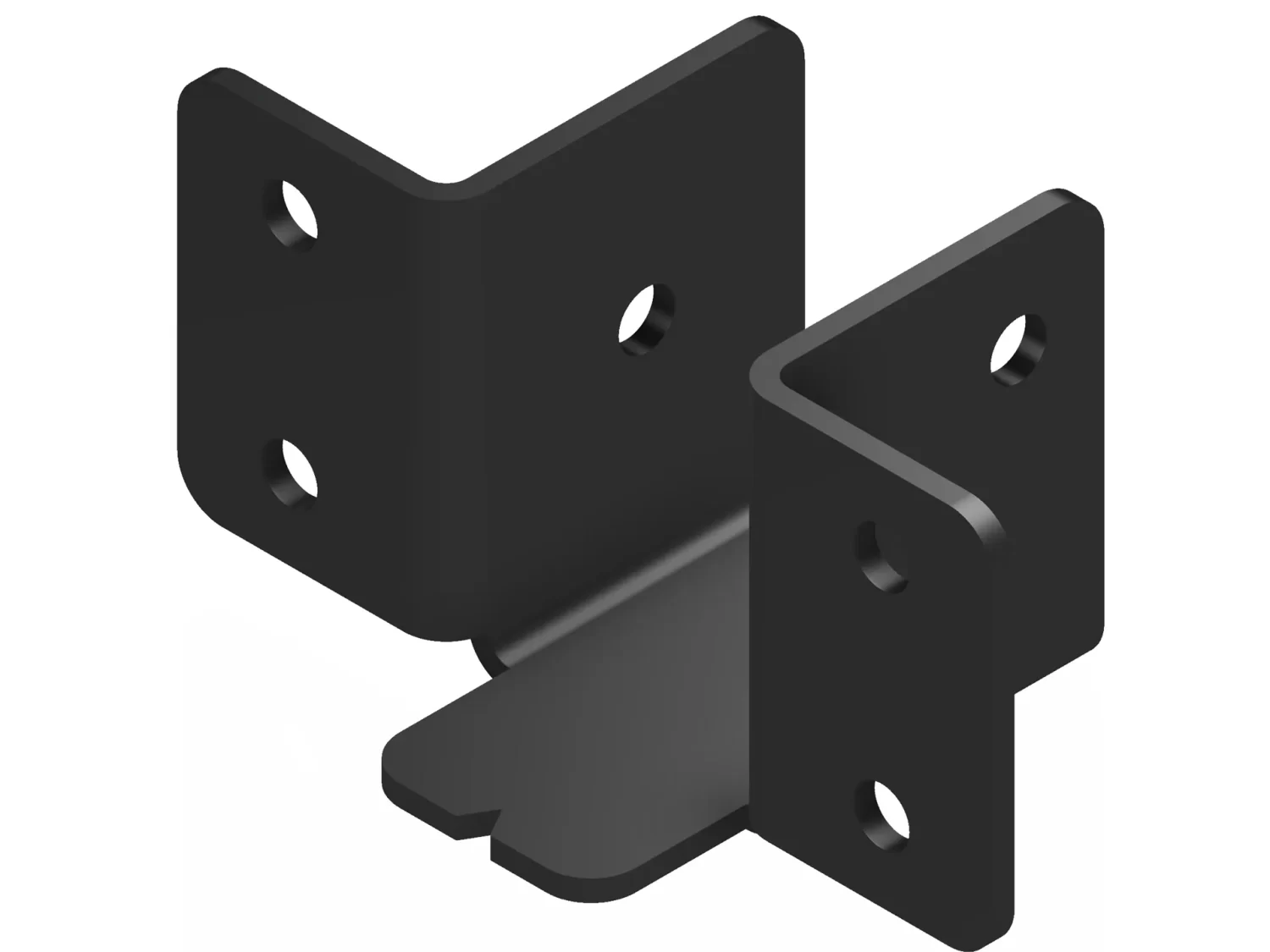 3D rendering of the Butt Joint Bracket, Heavy Duty in black metal, featuring six holes for joining three pieces at right angles. The sturdy L-shaped bracket has a flat base with upright sides for robust support.