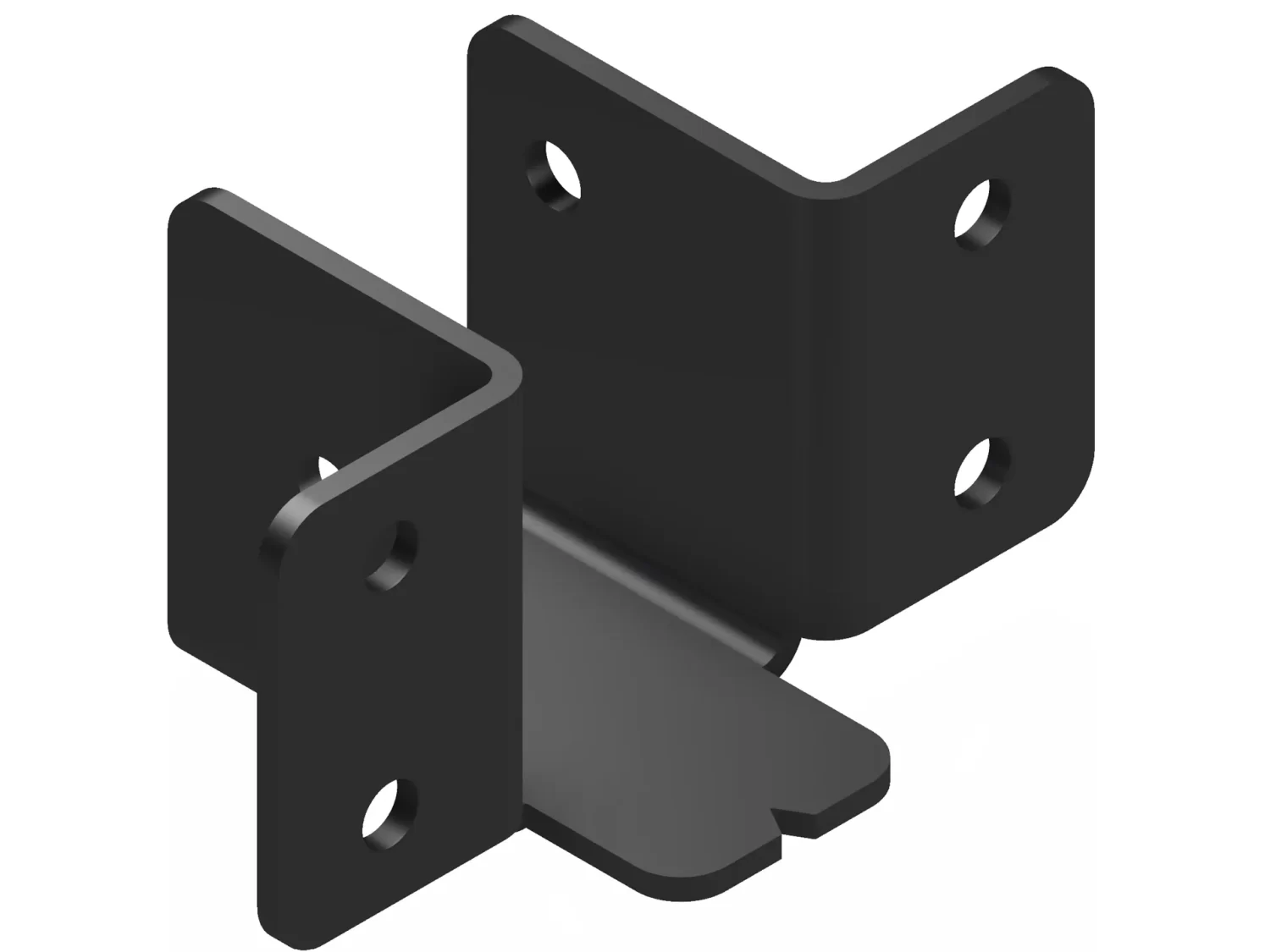 3D rendering of Butt Joint Bracket, Heavy Duty—black metal, three perpendicular flanges with two mounting holes each—designed for joining or supporting structural components at right angles.