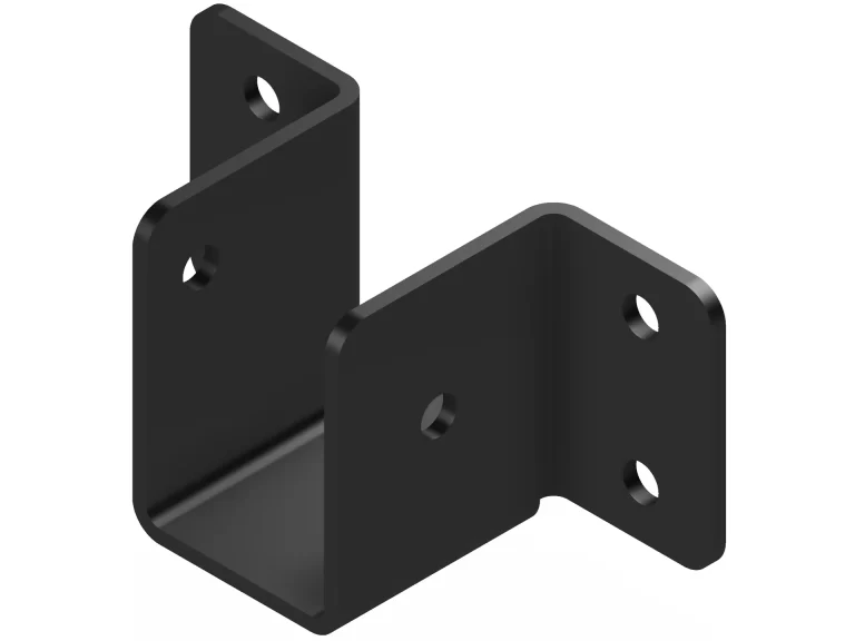 The Butt Joint Bracket, Heavy Duty is a black, L-shaped metal bracket with smooth, rounded edges and four evenly spaced mounting holes—two per side.