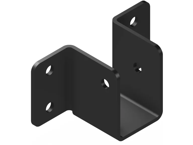 The Butt Joint Bracket, Heavy Duty is a black metal right-angle bracket with four mounting holes—two on each perpendicular surface—and a third vertical surface connecting them with a single hole.