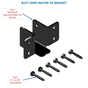 Illustration of a Butt Joint Bracket, Heavy Duty in black metal, shown with five 1/4 x 1-1/4 lag screws (each labeled with quantity and description) on a white background.
