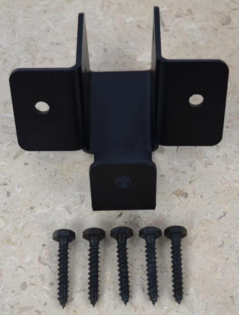 A detailed illustration of a partial hexagon ridge rafter skirt tie bracket, including the bracket and four lag screws, ideal for various construction applications.