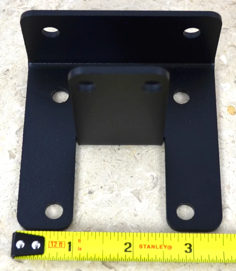 DSC_0136 This black metal open end rafter tie bracket features multiple mounting holes, providing strong support for construction and assembly tasks in various settings.