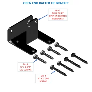 Isometric illustration of the Gable Roof Brackets Kit, 4-12 Pitch, Universal Width, with eight lag screws (four 1/4 x 1-1/4 and four 1/4 x 2), plus a note for SKU # OE-RT bracket.