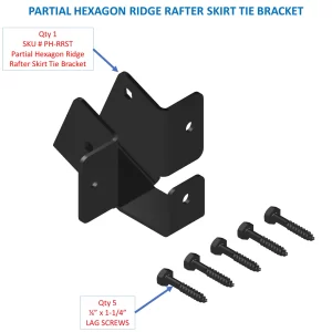 A detailed illustration of a partial hexagon ridge rafter skirt tie bracket, including the bracket and four lag screws, ideal for various construction applications.