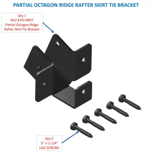 PO-RRST CONTENTS A detailed illustration of a partial octagon ridge rafter skirt bracket, including the bracket and four lag screws, ideal for various construction applications.