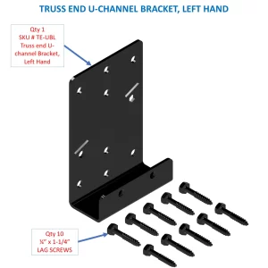 The image displays a left-hand truss end U-channel bracket along with ten lag screws for secure assembly in construction applications.