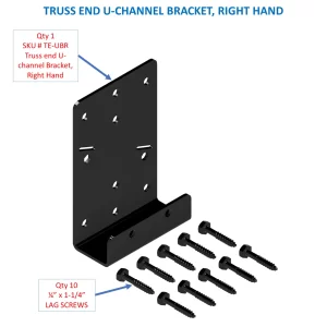 The image displays a left-hand truss end U-channel bracket along with ten lag screws for secure assembly in construction applications.