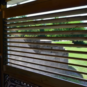 DSC_0110 A wooden slatted window with horizontal bars, built with the Decorative 36 DIY Louver Kit, offers a view of green grass, trees, and stacked concrete blocks outside in bright daylight.