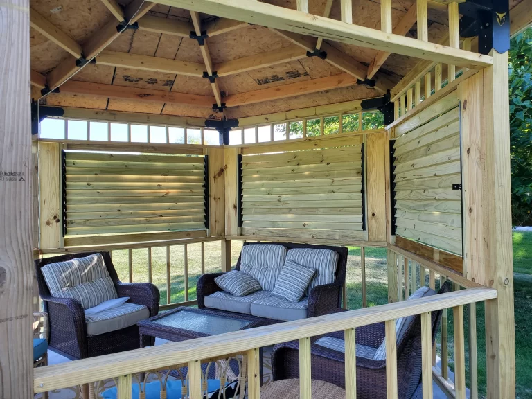 Hexagon gazebo with furniture, Louvers and Lattice Fences