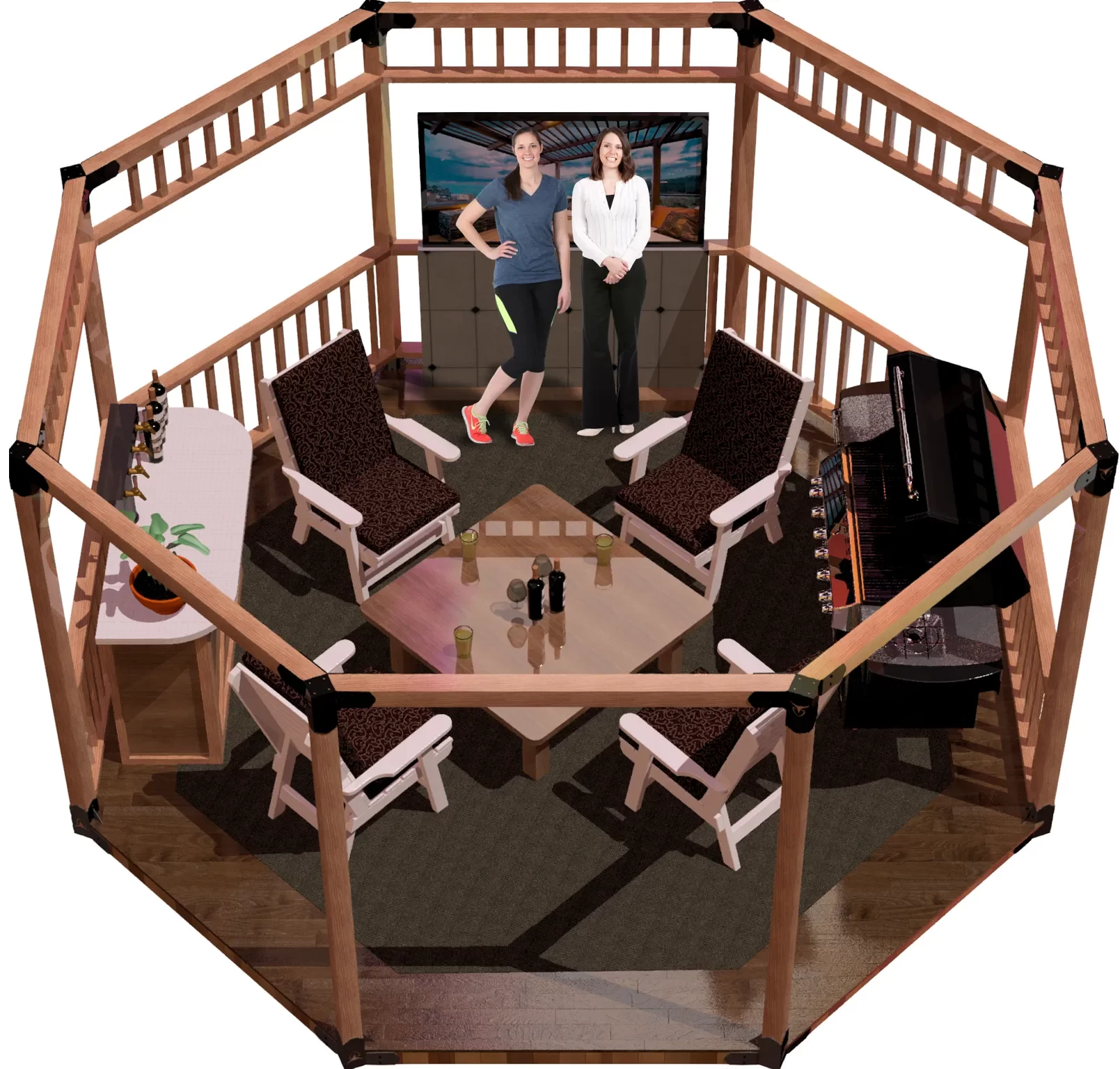 view of a DIY 4x4 floating deck, open top octagon pergola. A bar with beer taps & wine bottles, barbecuer, LED TV, and casual furniture inside and two girls standing and smiling inside it.
