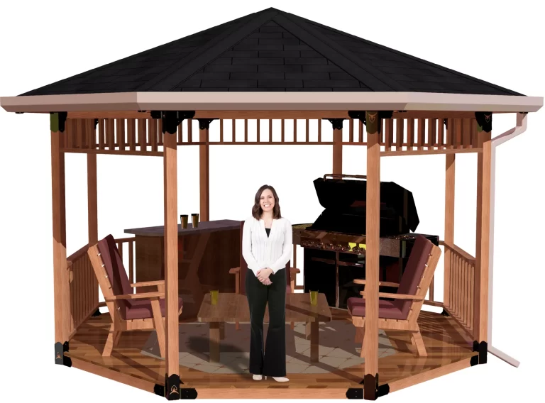 view of a 4x4 octagon patio cover with solid roof with a bar, barbecue and casual furniture and a girl standing inside