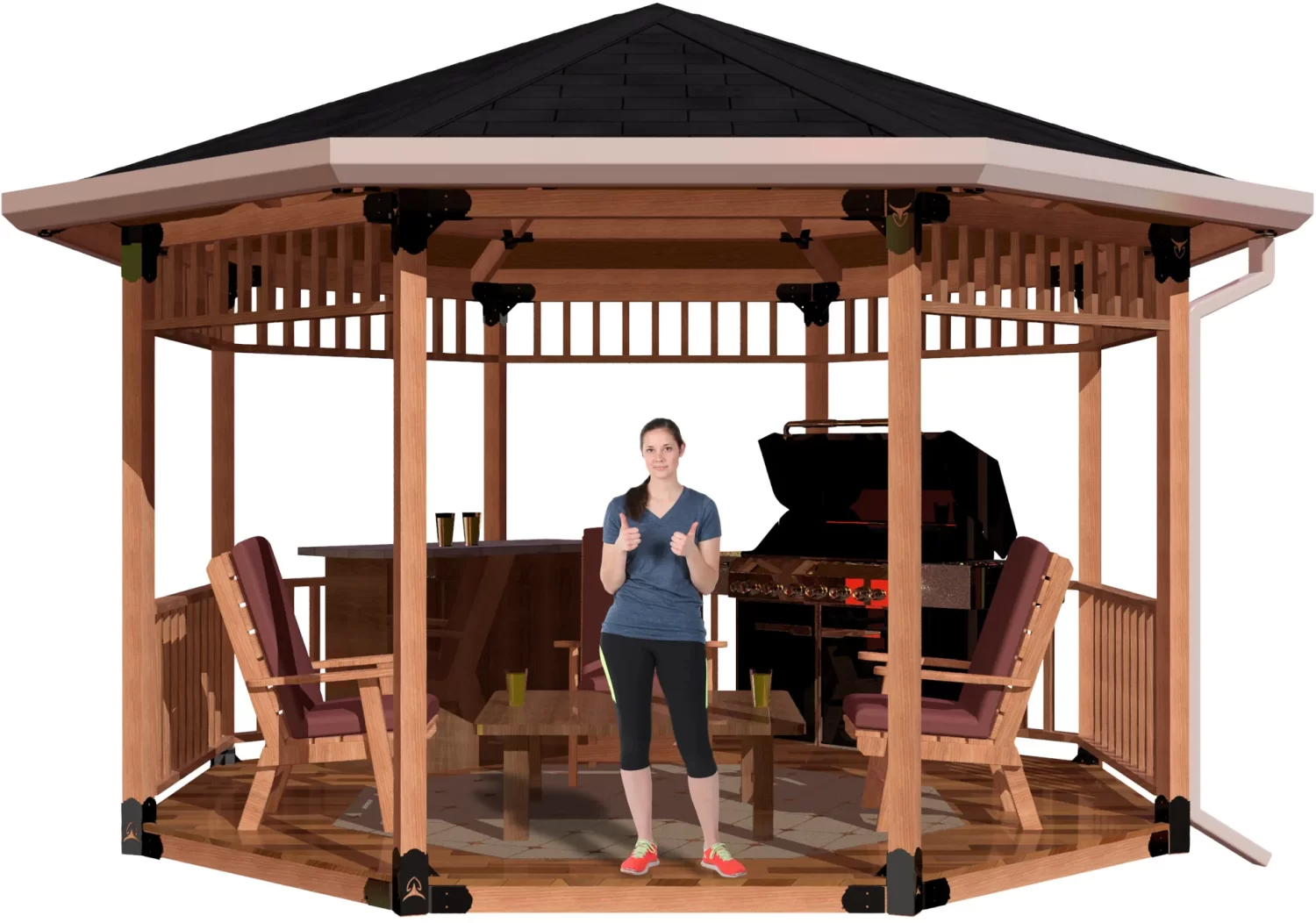 A woman stands in the center of a gazebo built with the DIY Heavy Duty Iron Octagon Spider Bracket, giving two thumbs up. Chairs, a table, and a grill create a cozy and inviting outdoor seating area inside the octagonal space.