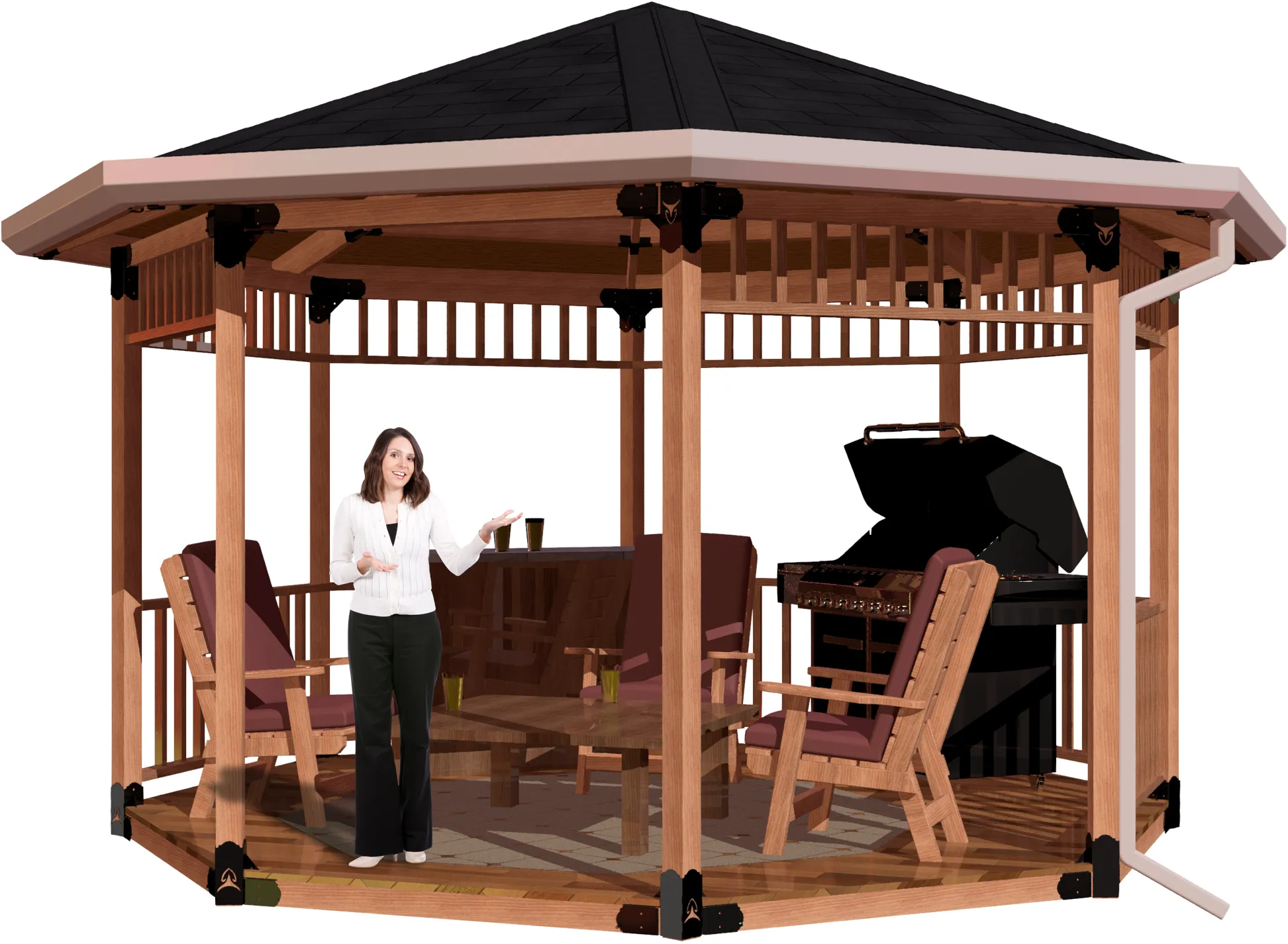 view of a 4x4 floating deck octagon patio cover with solid roof. A bar, barbecue, and casual furniture inside and a girl standing smiling.