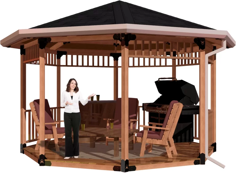 view of a 4x4 octagon patio cover with solid roof with a bar, barbecue and casual furniture and a girl standing inside