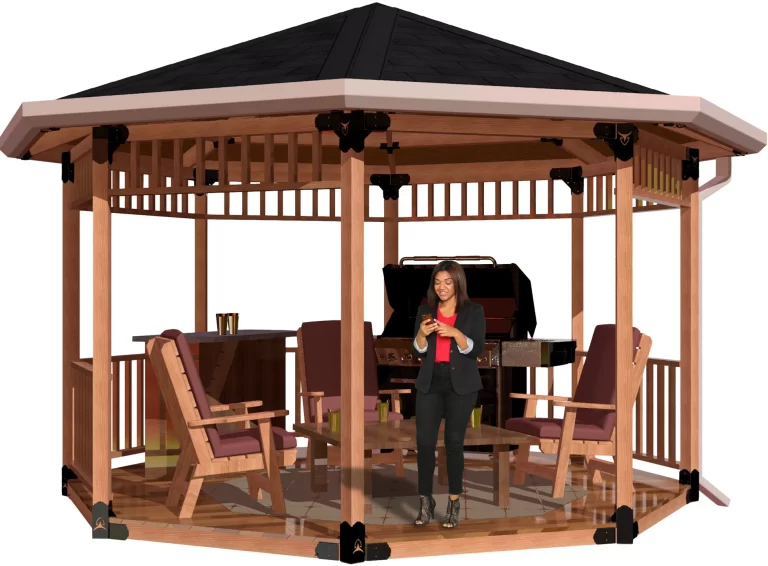 view of a 4x4 octagon patio cover with solid roof with a bar, barbecue and casual furniture and a girl standing inside