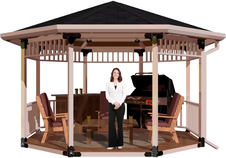 view of a 4x4 octagon patio cover with solid roof with a bar, barbecue and casual furniture and a girl standing inside