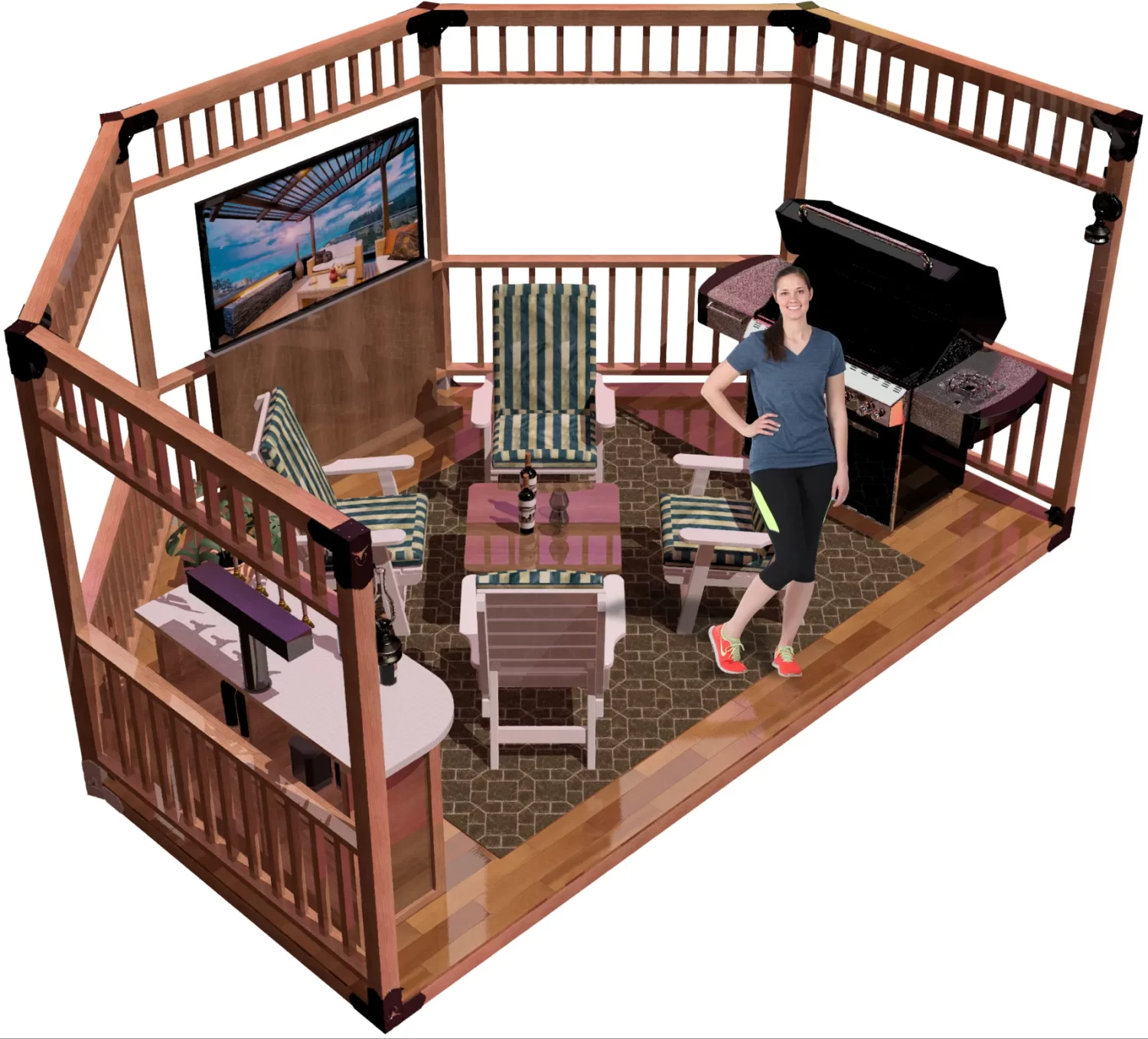 view of a DIY 4x4 open top partial octagon pergola. A bar with beer taps & wine bottles, barbecuer, LED TV, and casual furniture inside and a girl standing and smiling inside it.