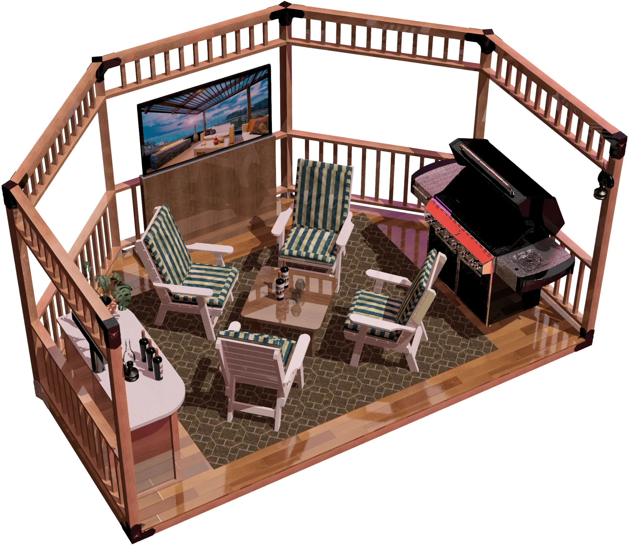 view of a DIY 4x4, floating deck, open top partial octagon pergola. A bar with beer taps & wine bottles, barbecuer, LED TV, and casual furniture inside it.