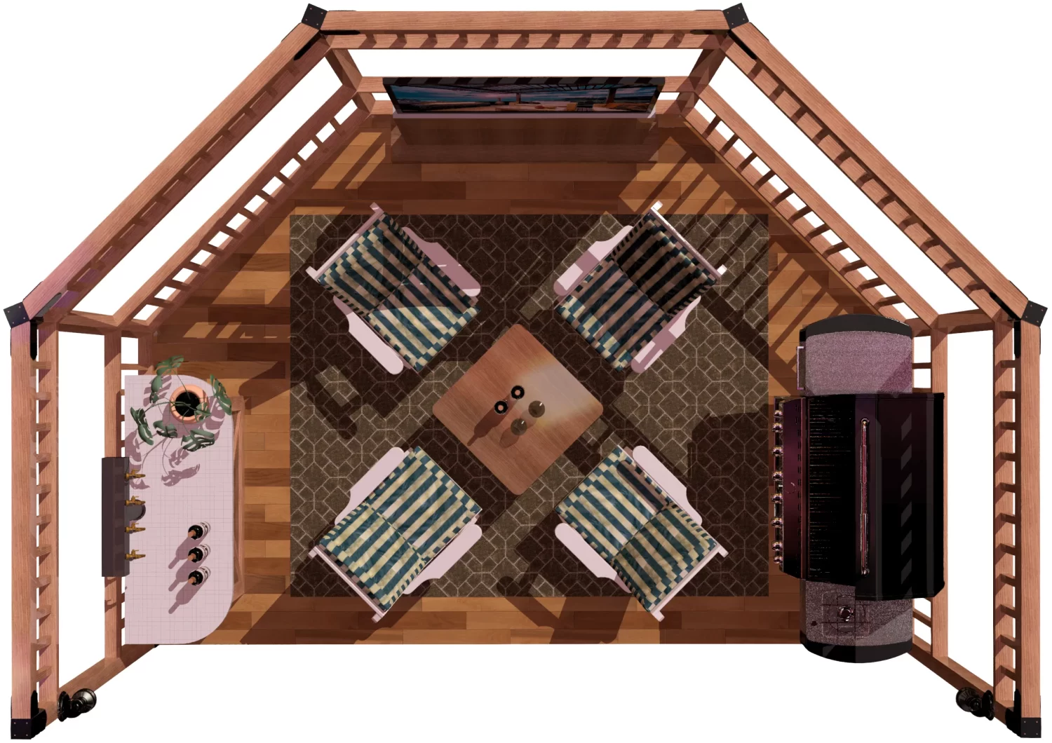 top view of a DIY 4x4 open top partial octagon pergola. A bar with wine bottles, barbecuer, LED TV, and casual furniture inside it.