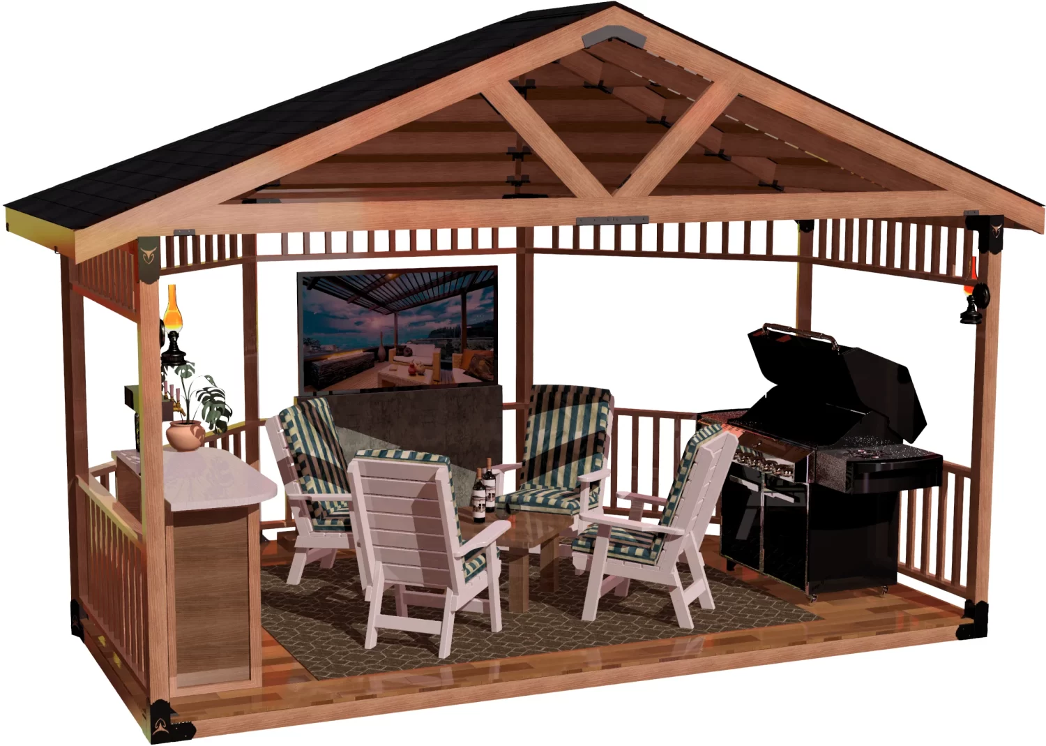A charming wooden gazebo equipped with a grill and a table, ideal for outdoor dining and socializing.
