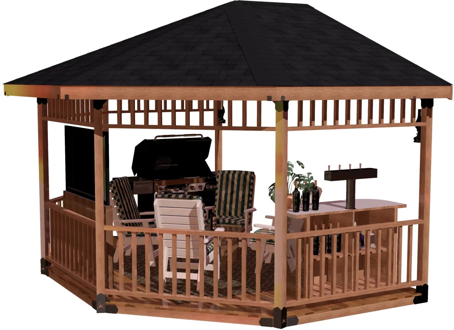A charming wooden gazebo equipped with a grill and a table, ideal for outdoor dining and socializing.