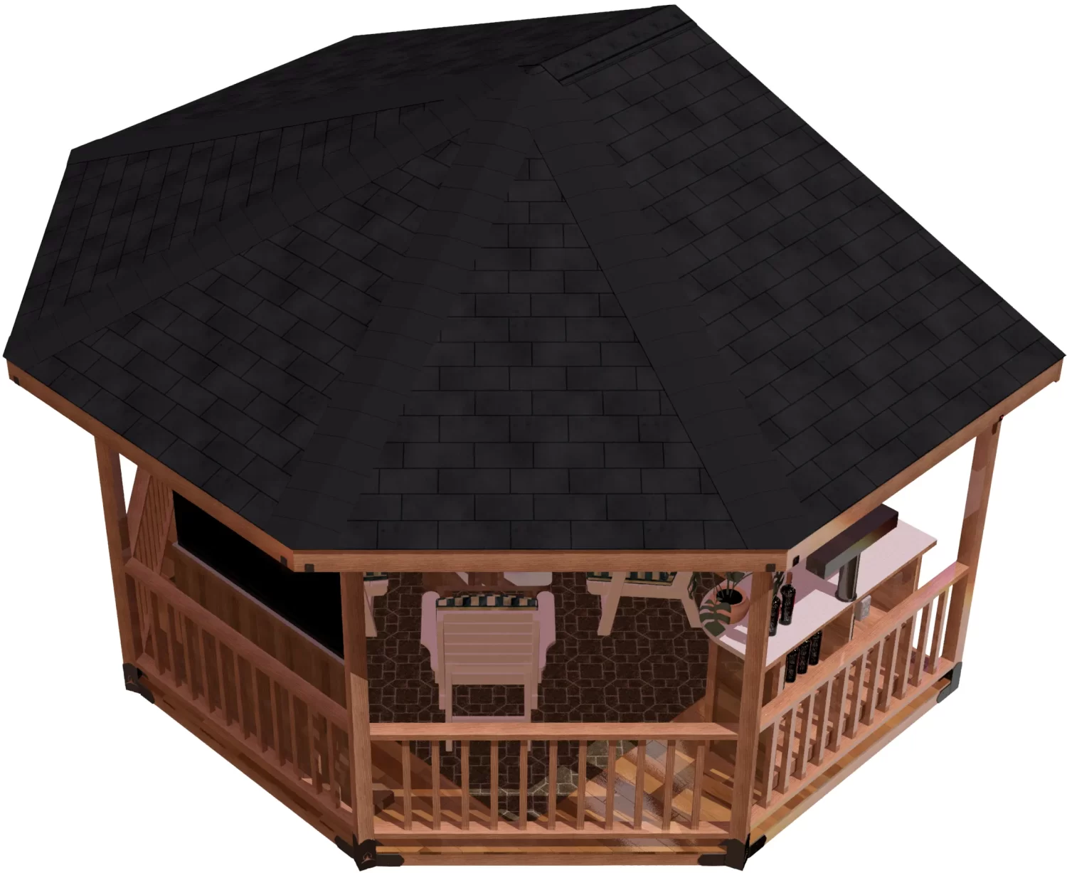 A charming wooden gazebo equipped with a grill and a table, ideal for outdoor dining and socializing.