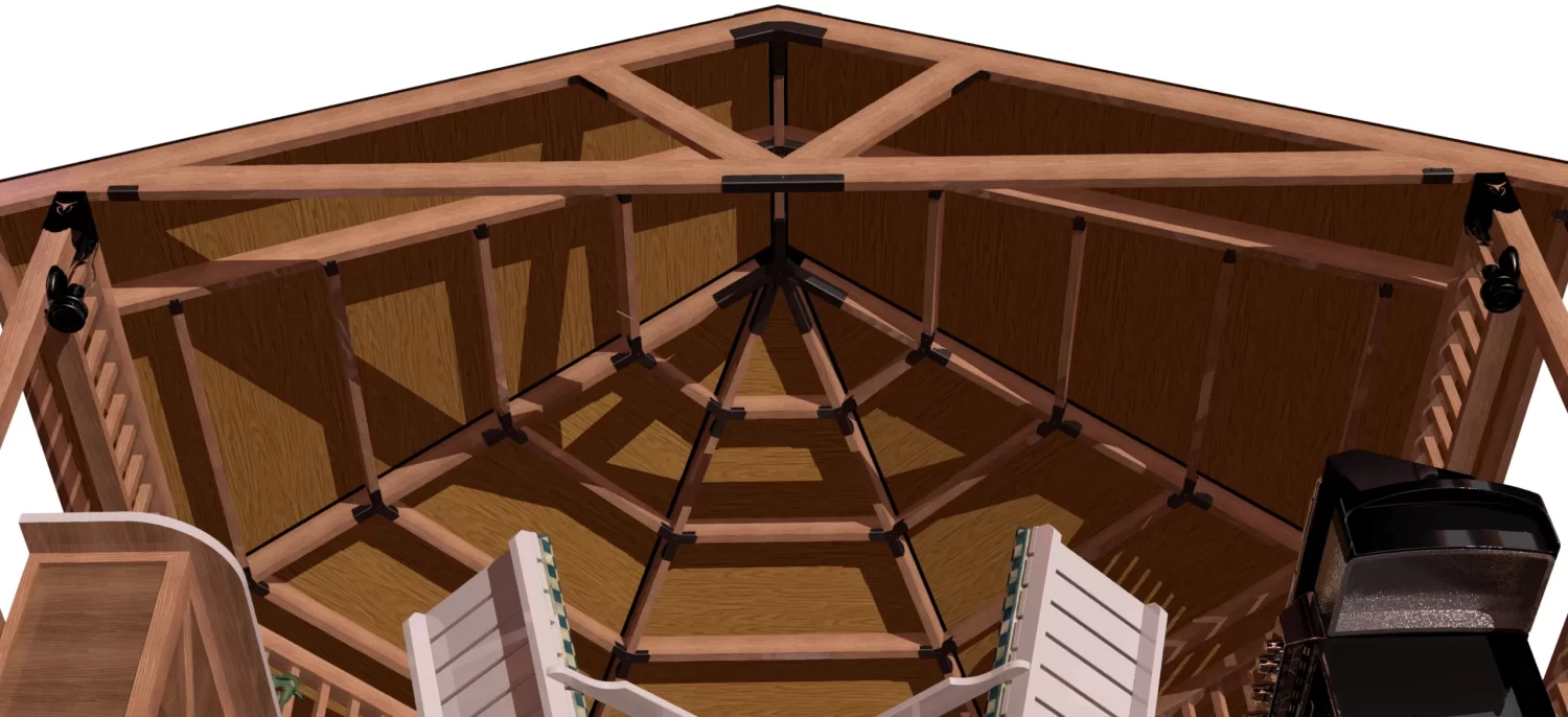 view of a the inner roof structure of a DIY 4x4 solid roofed partial octagon gazebo.