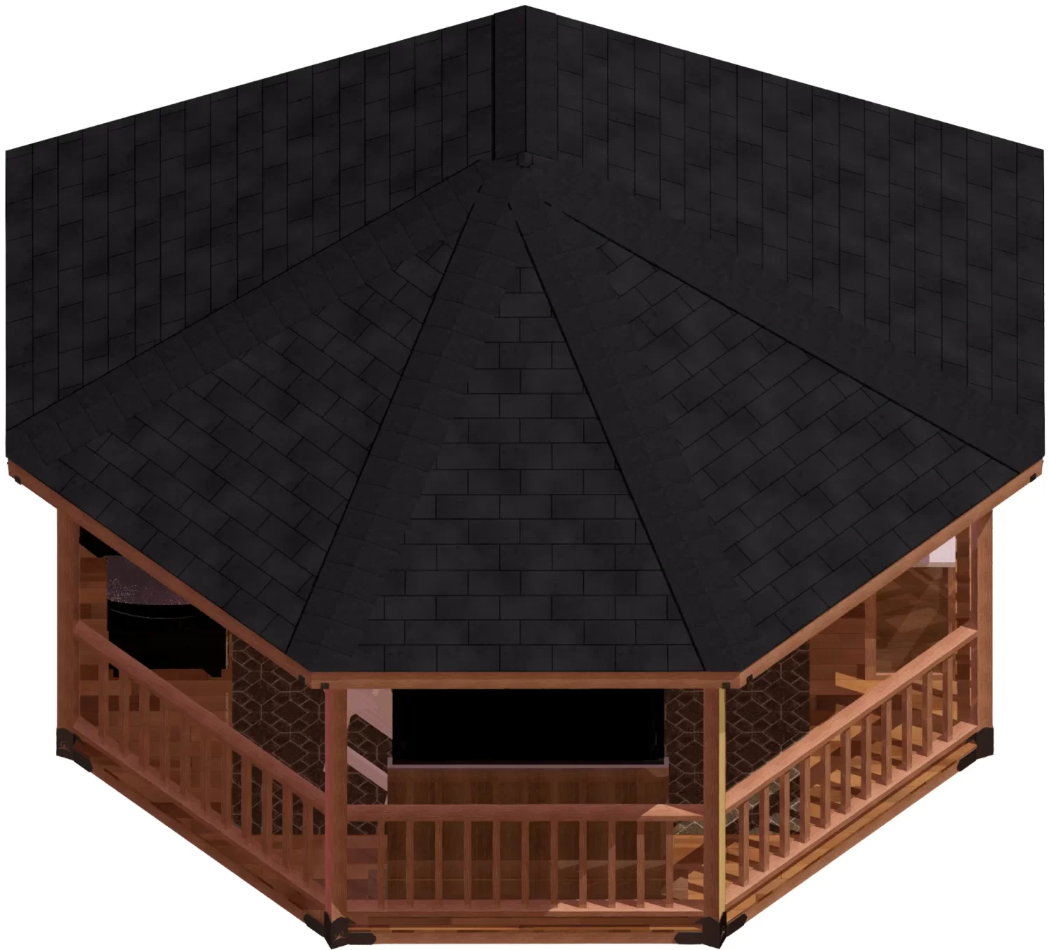 An outdoor gazebo equipped with a grill and a table, ideal for gatherings and enjoying meals in nature.