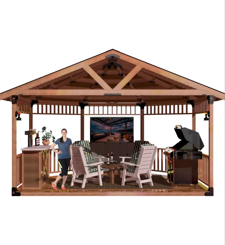 An outdoor gazebo equipped with a television and comfortable chairs, ideal for relaxation and entertainment.