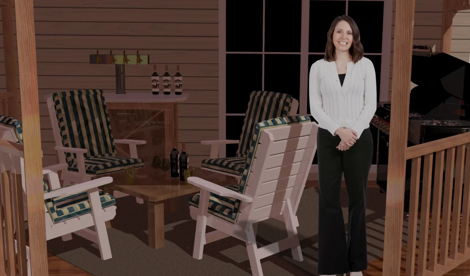 A woman poses elegantly in front of a picturesque partial octagon gazebo, framed by vibrant foliage and a tranquil setting.wine bottles, barbecuer, and casual furniture inside and a smiling girl standing inside it.