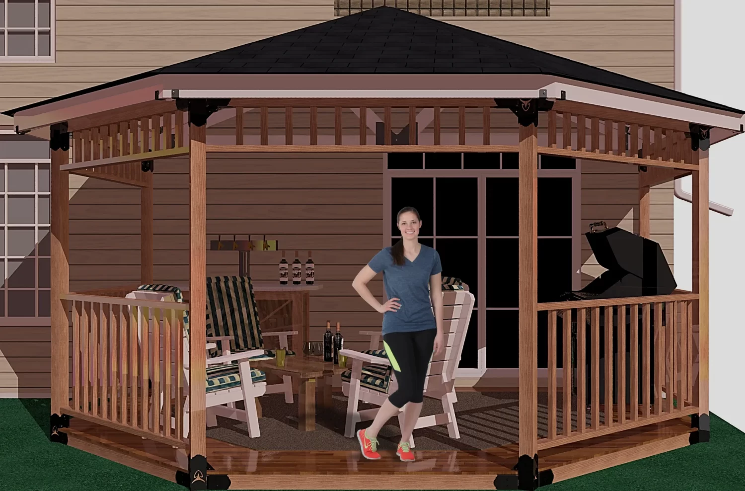 A woman poses elegantly in front of a picturesque partial octagon gazebo, framed by vibrant foliage and a tranquil setting.