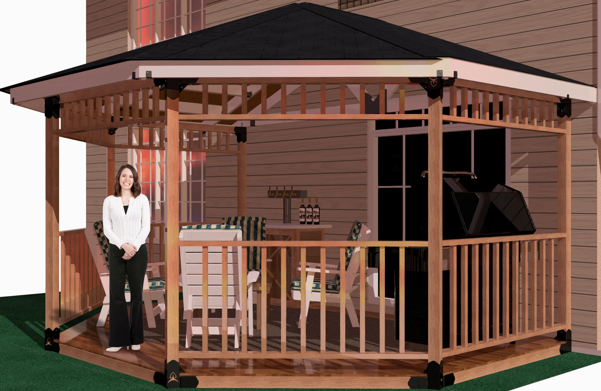 view of a DIY 4x4 wall attached solid roofed partial octagon gazebo. A bar with beer taps & wine bottles, barbecuer, and casual furniture inside and a smiling girl standing inside it.