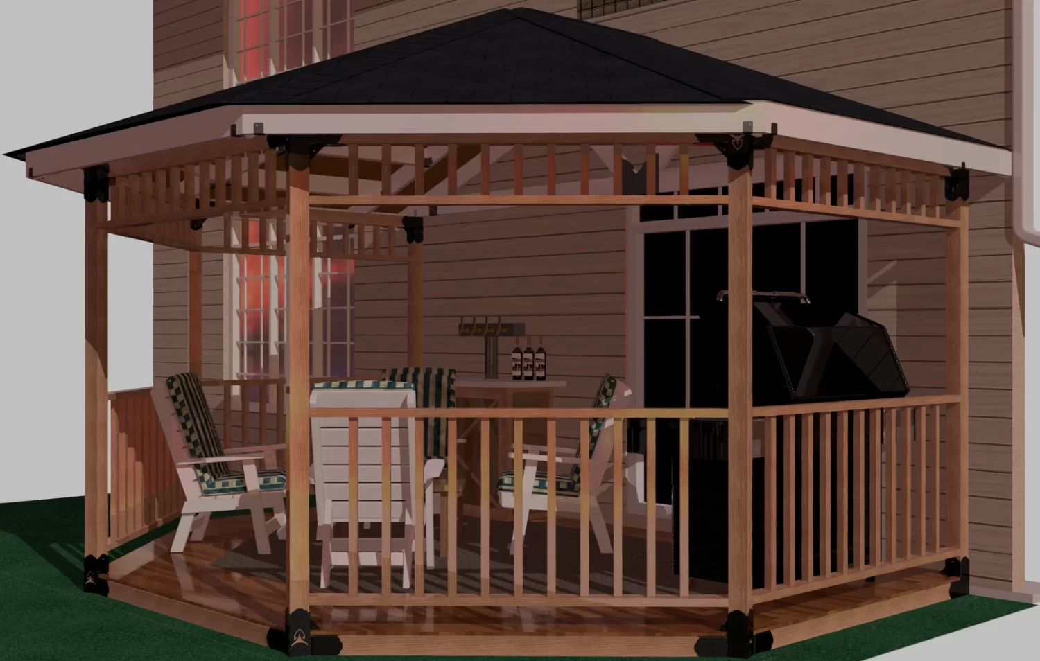 view of a DIY 4x4 wall attached solid roofed partial octagon gazebo. A bar with beer taps & wine bottles, barbecuer, and casual furniture inside it.