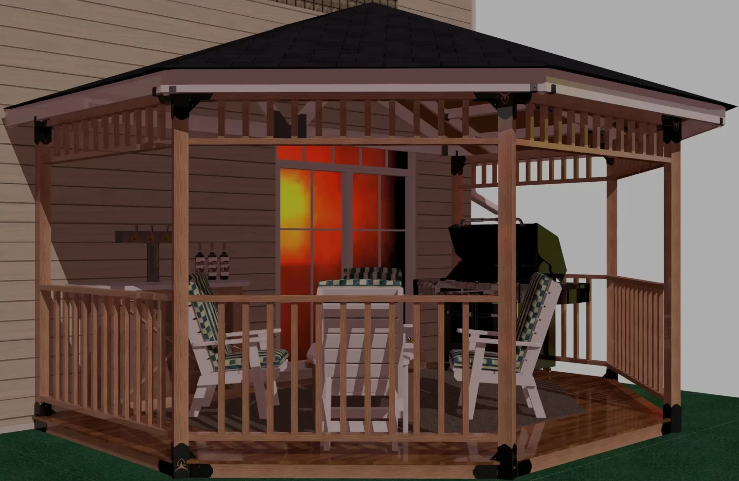 view of a DIY 4x4 wall attached solid roofed partial octagon gazebo. A bar with beer taps & wine bottles, barbecuer, and casual furniture inside it.