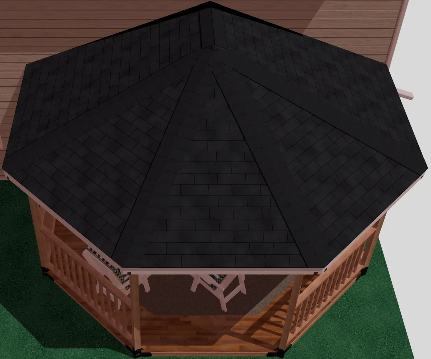 3d view of the roof of a DIY 4x4 wall attached solid roofed partial octagon gazebo with a black roof.