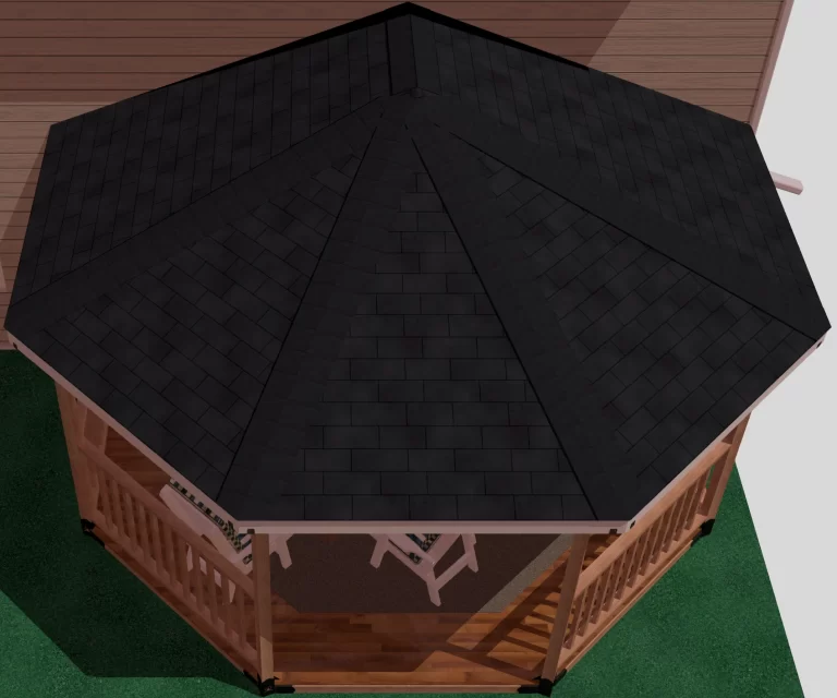 3d view of the roof of a DIY 4x4 wall attached solid roofed partial octagon gazebo with a black roof.