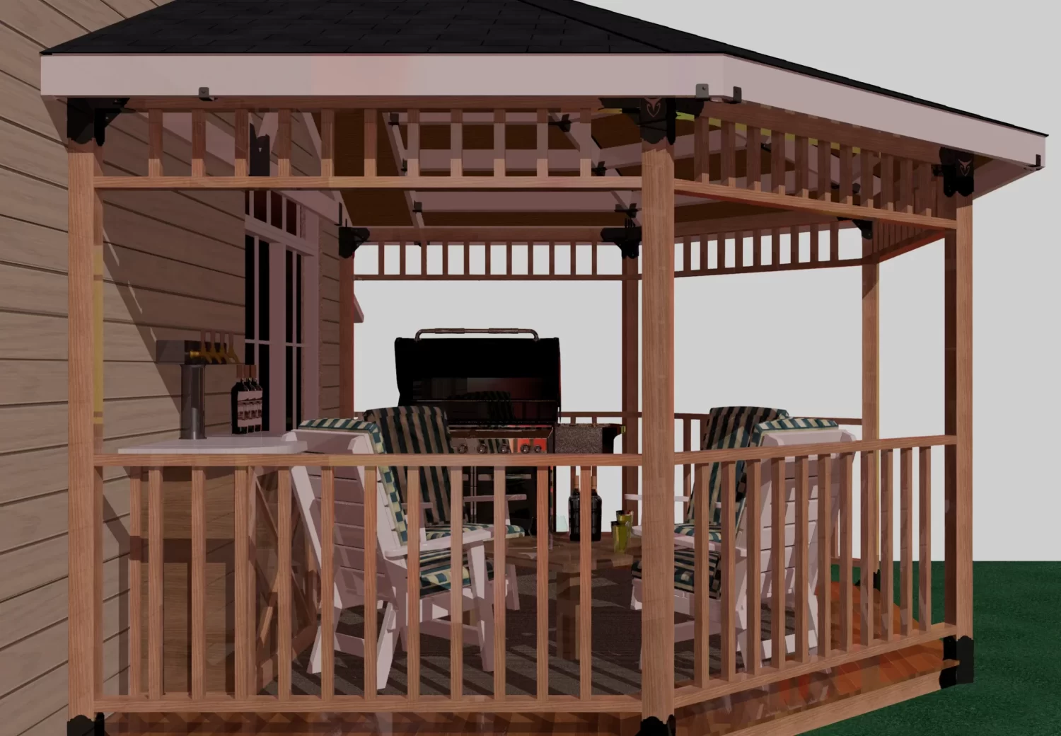 3d rendering of a DIY 4x4 wall attached solid roofed partial octagon gazebo. A bar with beer taps & wine bottles, barbecuer, and casual furniture inside it.