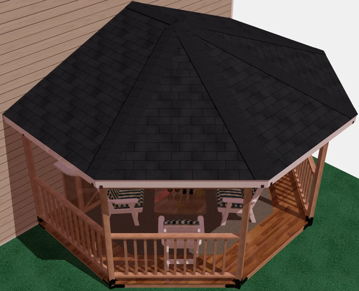 3d rendering of a DIY 4x4 wall attached solid roofed partial octagon gazebo. A bar with beer taps & wine bottles, barbecuer, and casual furniture inside it.