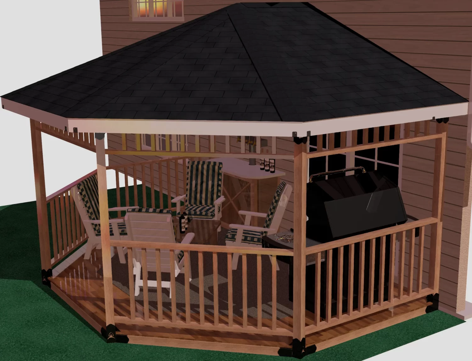 3d rendering of a DIY 4x4 wall attached solid roofed partial octagon gazebo. A bar with beer taps & wine bottles, barbecuer, and casual furniture inside it.