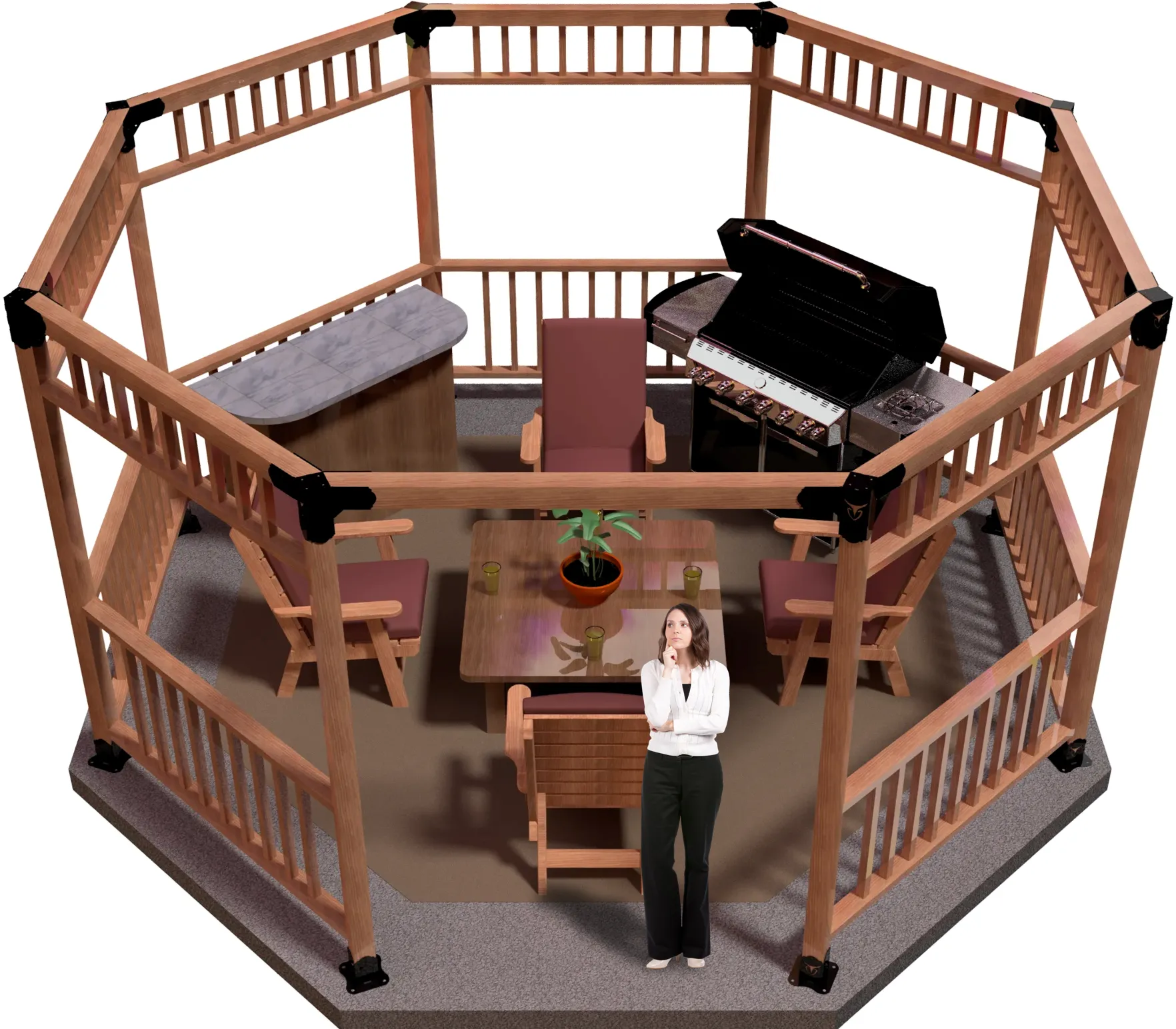 4X4 Surface Mounted Octagon Pergola with grill, bar, and casual furniture. Lattice fenced walls design.