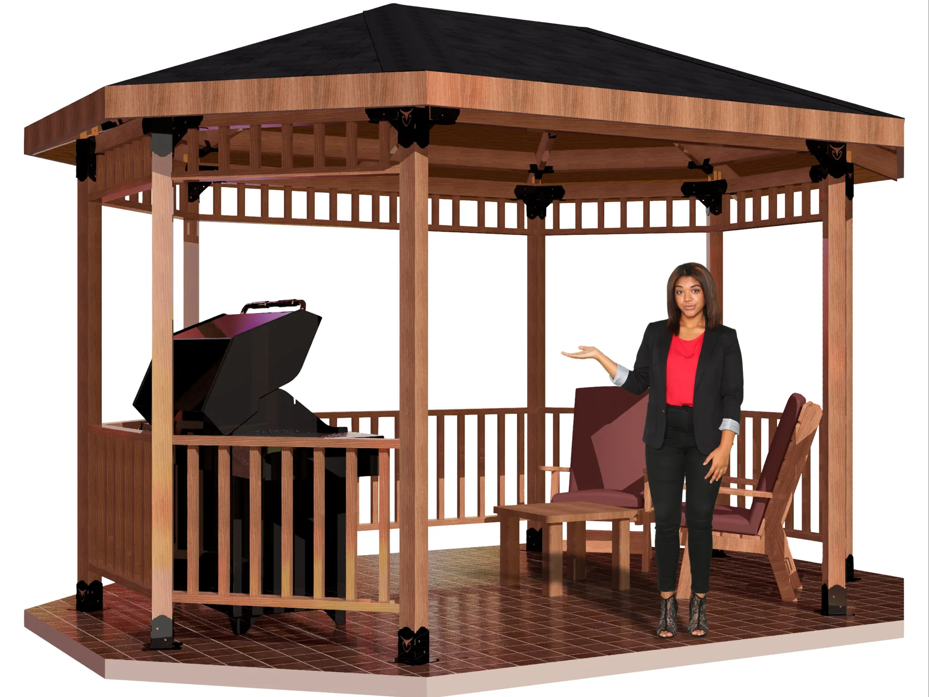 4S-E-OR-10 A woman in business attire stands inside a wooden gazebo supported by the Heavy Duty 4x4 45-Degree Octagon Elbow Bracket, gesturing with one hand. The gazebo has a chair, grill, dark roof, and sits on a tiled floor.