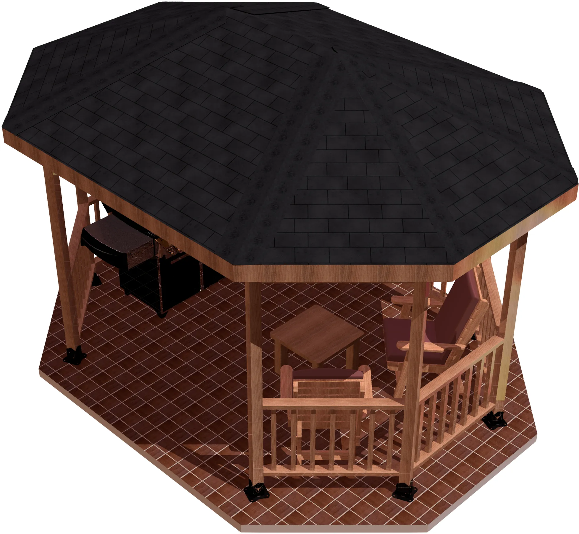 4S-E-OR-4 A wooden gazebo with a dark shingled roof stands on tiled flooring, featuring chairs, a table, and a bench. Open sides and wooden railings are supported with Heavy Duty 4x4 45-Degree Octagon Elbow Brackets for extra stability.