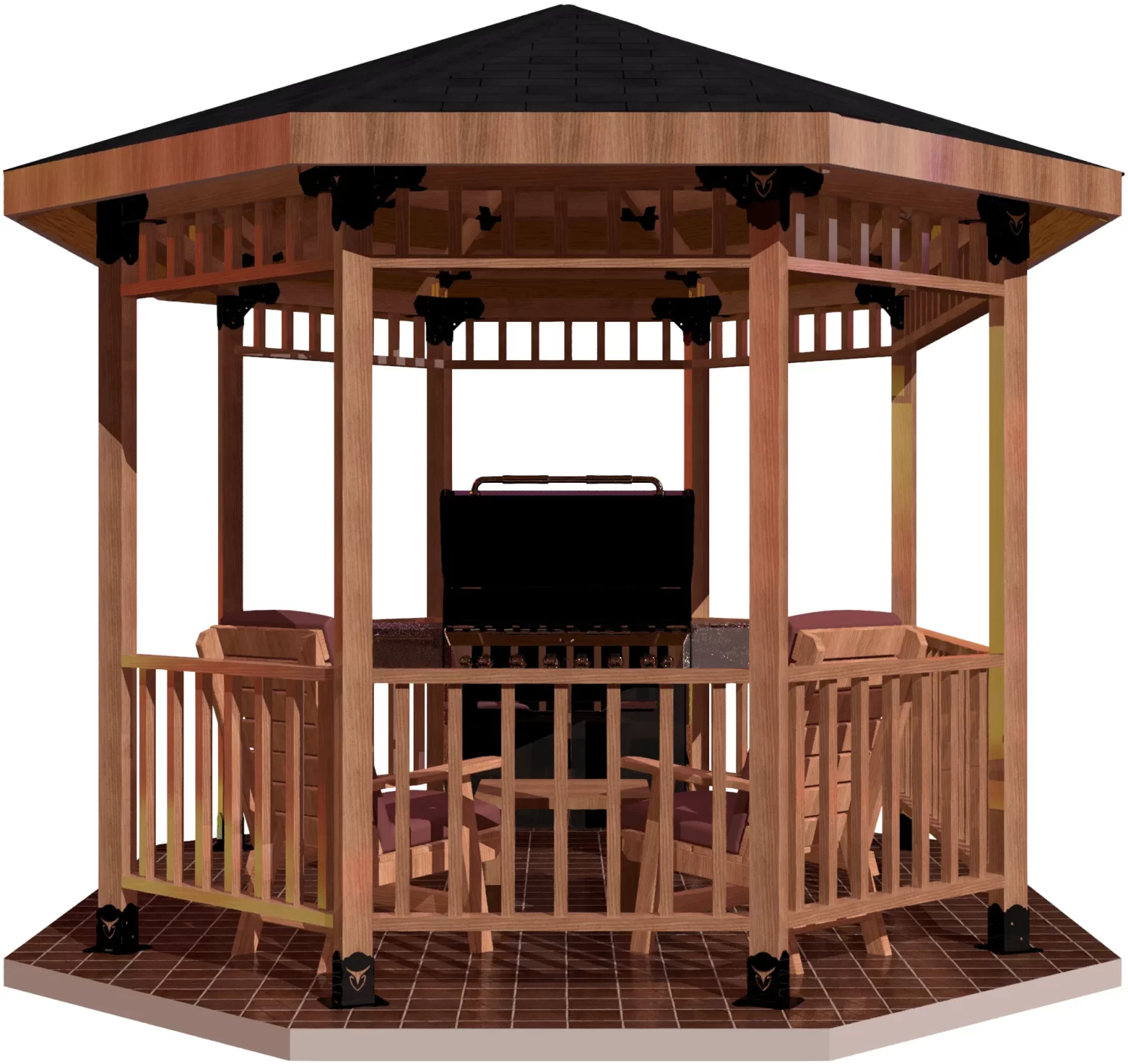 4S-E-OR-6 A wooden octagonal gazebo with a black roof, railing, and central outdoor grill features Heavy Duty 4x4 45-Degree Octagon Elbow Brackets for extra support, is surrounded by wooden chairs, and stands on a tiled floor.