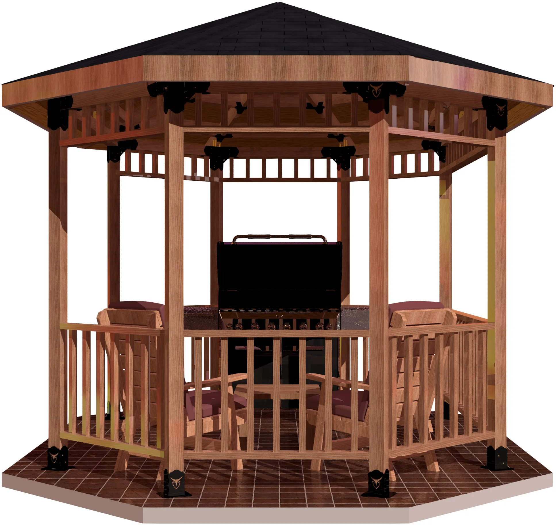 4S-E-OR-6 A wooden octagonal gazebo with a black roof, railing, and central outdoor grill features Heavy Duty 4x4 45-Degree Octagon Elbow Brackets for extra support, is surrounded by wooden chairs, and stands on a tiled floor.
