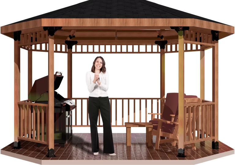 front view of a 4x4 linear octagon patio cover with grill and casual seating