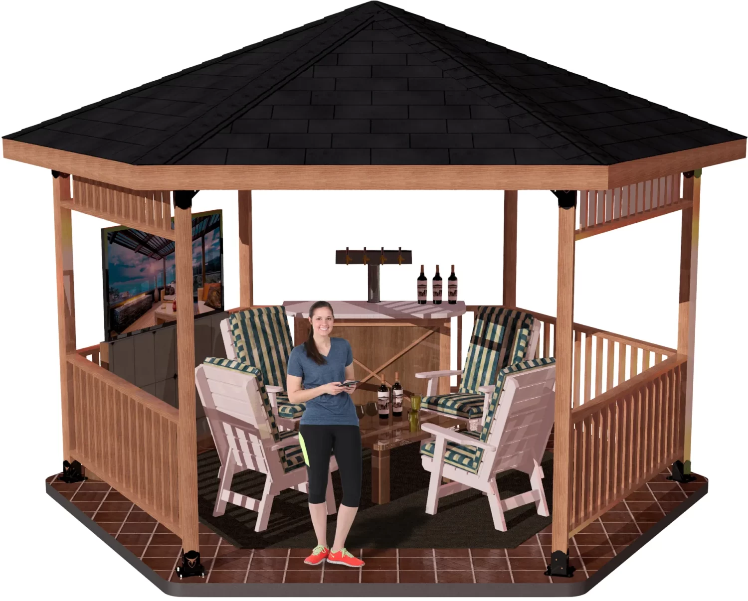 4S-HR-12 A woman smiles inside a wooden gazebo with a black shingled roof supported by Universal 4x4 Post Anchor Brackets, furnished with cushioned chairs, a round table, drinks, and a wall-mounted TV. Tiled floor and lighting enhance the inviting space.