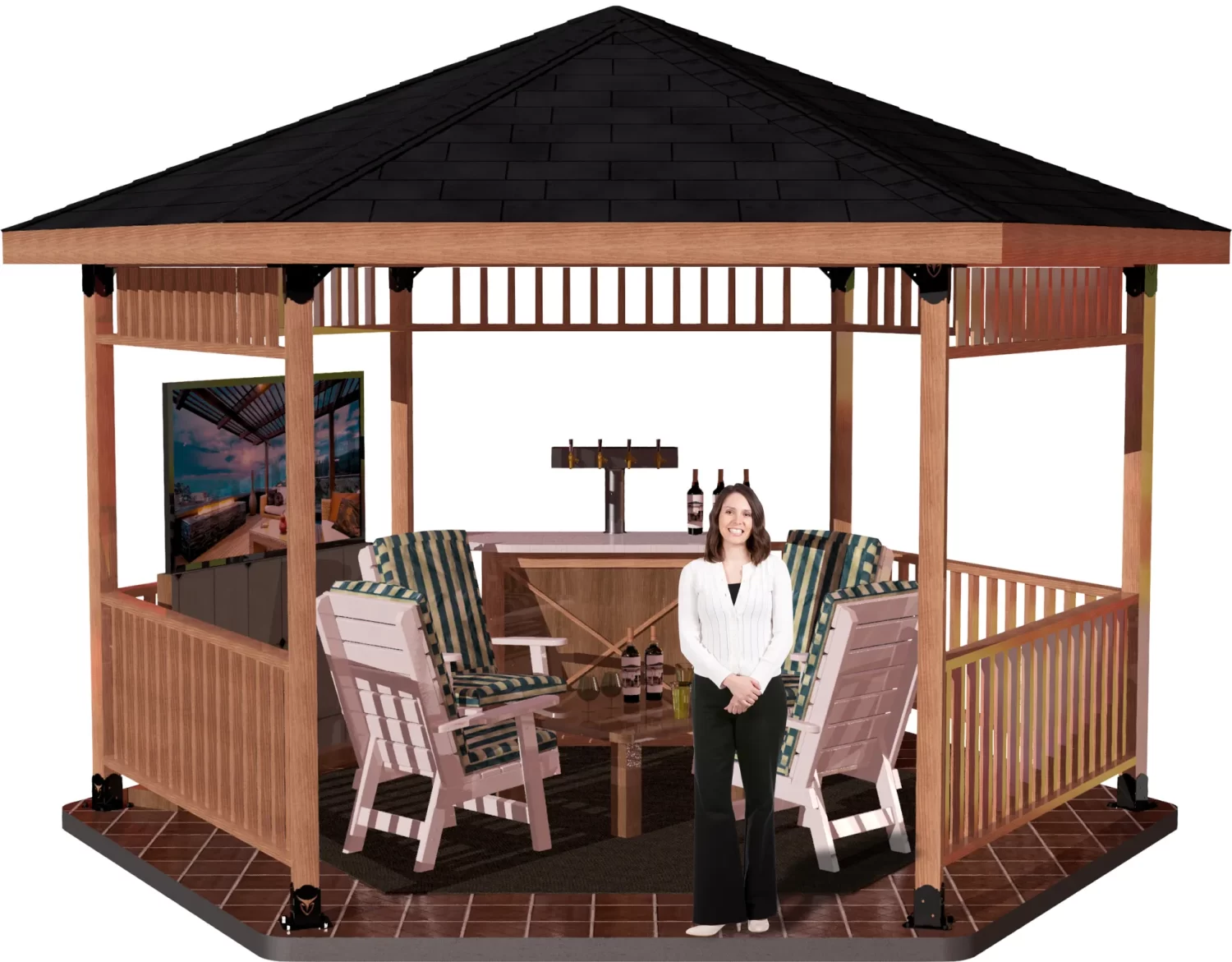 4S-HR-13 A woman relaxes in a RioOutdoors hexagon gazebo, accompanied by a table and chairs, creating a peaceful atmosphere.