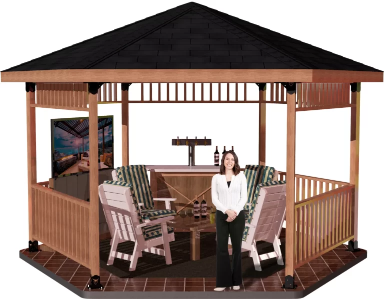 A woman relaxes in a RioOutdoors hexagon gazebo, accompanied by a table and chairs, creating a peaceful atmosphere.