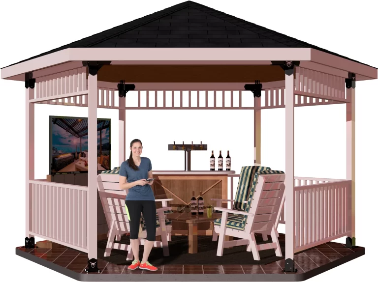 A woman relaxes in a hexagon gazebo, accompanied by a table and chairs, creating a peaceful atmosphere.